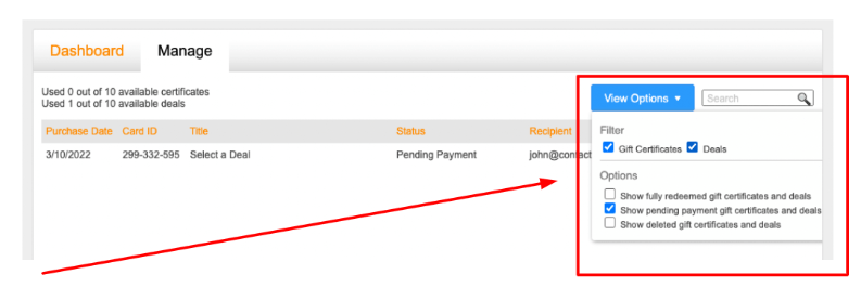 Using the View Options drop-down, you can filter which certificates or deals from the Gift Certificate application to be visualized.