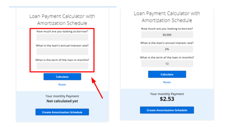 Your website’s visitors will now be able to enter information about their loan, such as the amount, the interest rate, and the loan duration.