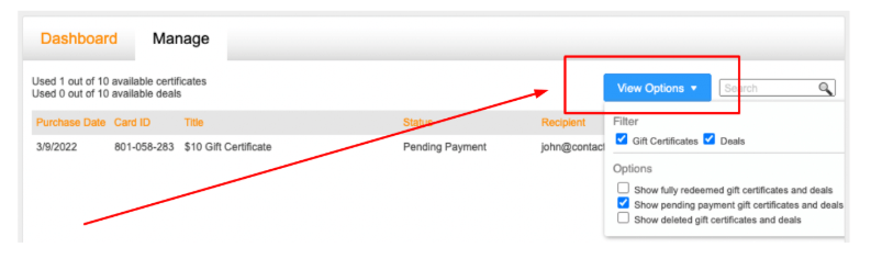 You can visualize certificates or deals by using the View Options drop-down menu.
