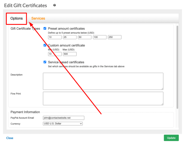 The Preset amount certificates allow you to define up to 5 preset amounts that visitors can buy from you.