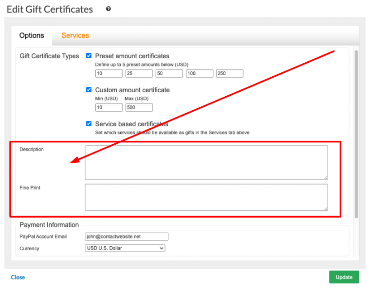On the Options tab, there are two fields labelled Description and Fine Print.