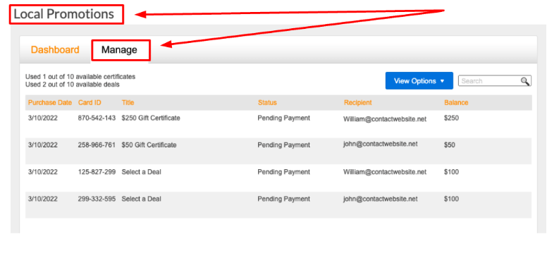 The Manage option is in the left menu under the Local Promotions application.