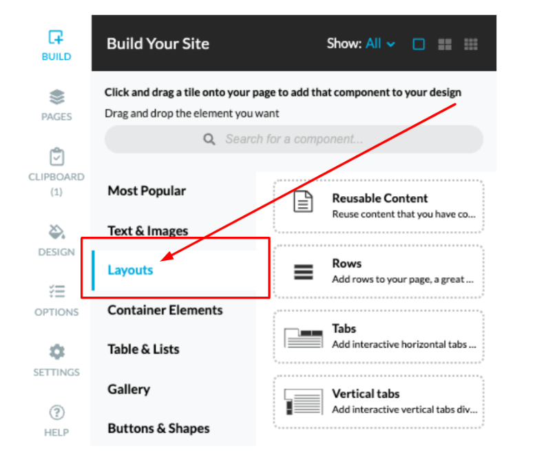 Select the Layouts tab from the Build menu.