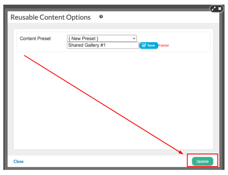 Click Update to continue setting up the reusable element.