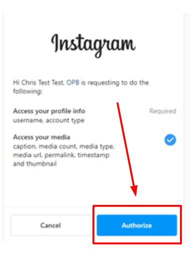 Click Authorize once you have logged into Instagram.