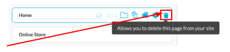 The delete icon allows you to delete a page from your website.