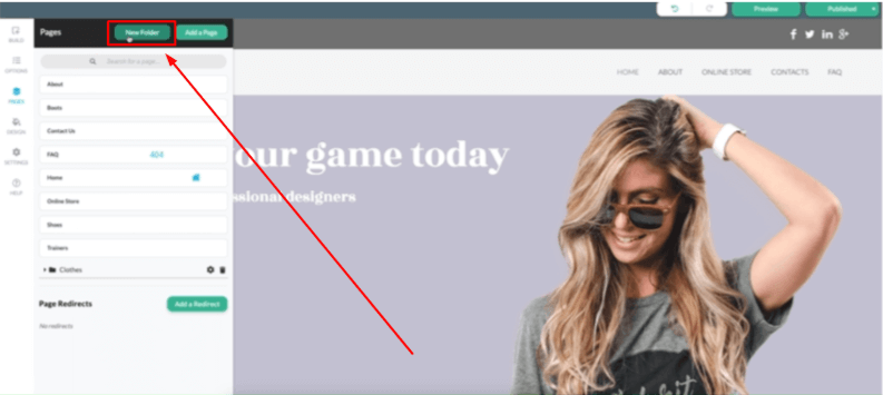 Click on the New Folder button within the Pages tab.