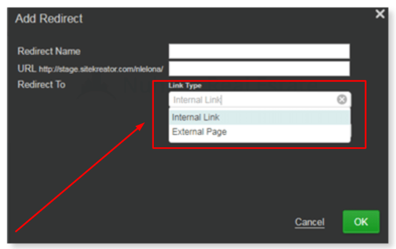Select either Internal Link or External Page.