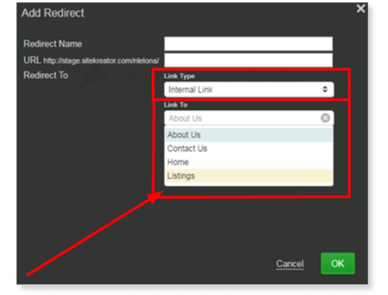 Select Internal Link if you would like the redirect to go to an existing page on your website.
