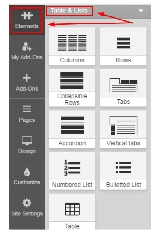 Click on the table element you want to add.