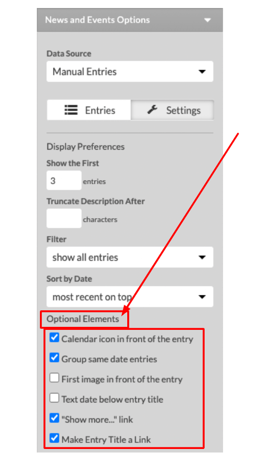 There is a list of Optional Elements you can add in the News and Events options.