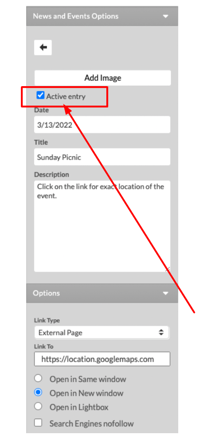 To disable one of the postings on the Entries list, please: Deselect the Active box for that Entry.