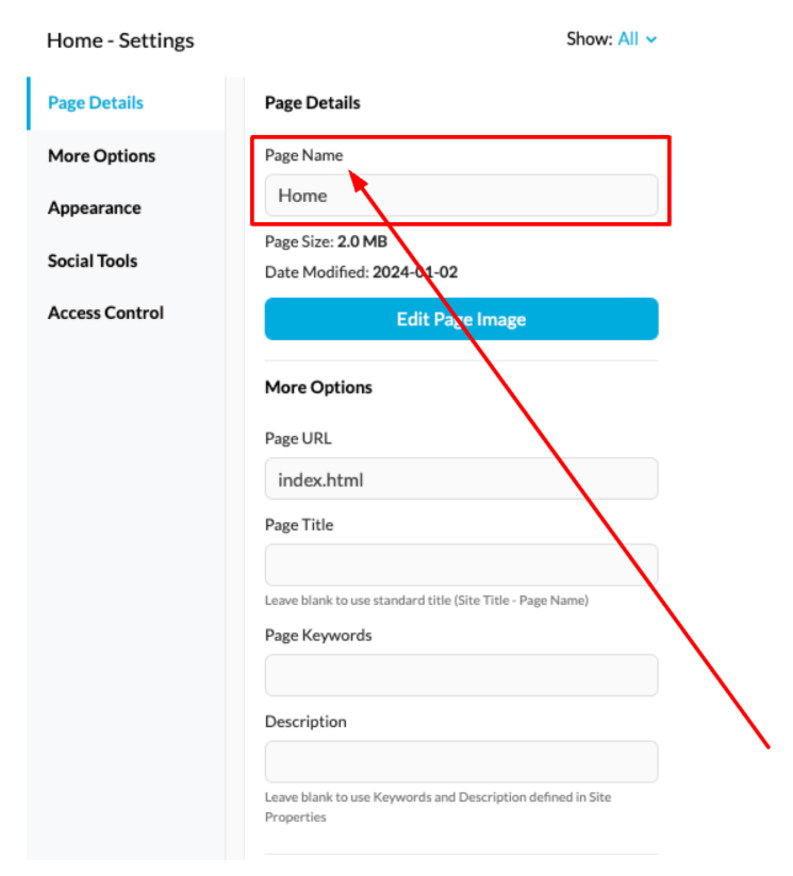 The Page Name appears just inside the top section of the Page Settings panel.