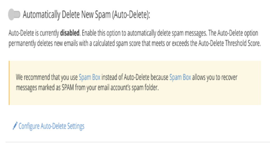 Une capture d'écran de la procédure de suppression automatique des nouveaux spams.