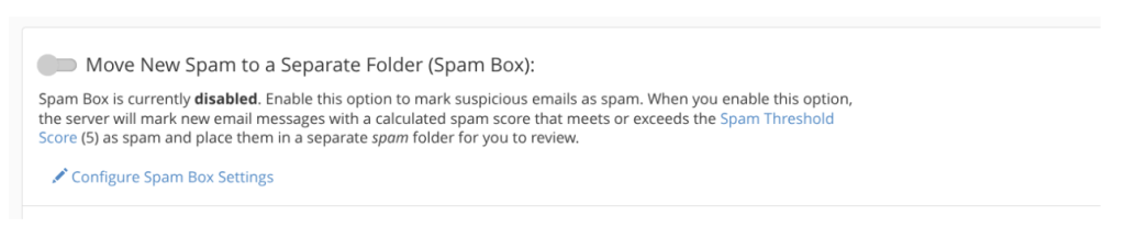 Ein Screenshot des Bereichs „Configure Spam Box Settings“.