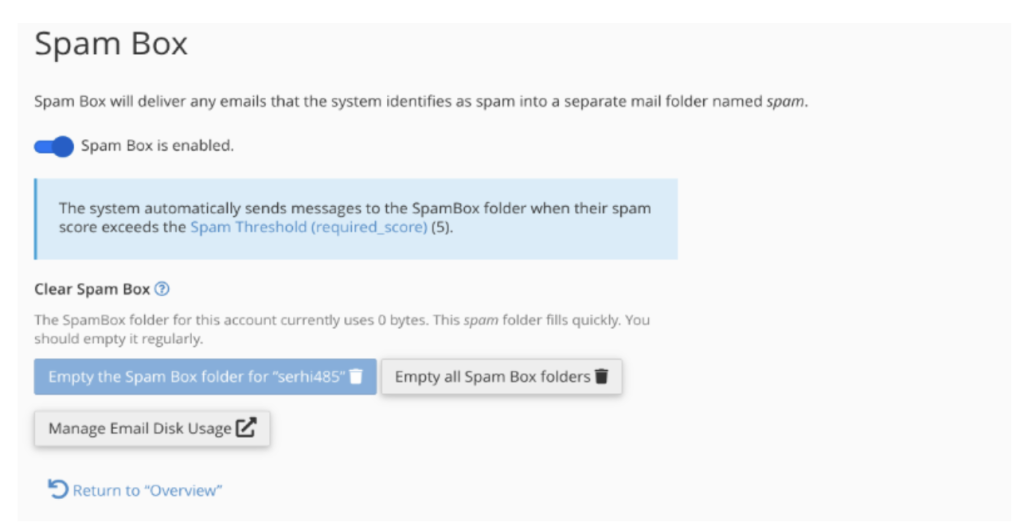 Le message de la boîte de spam est activé.