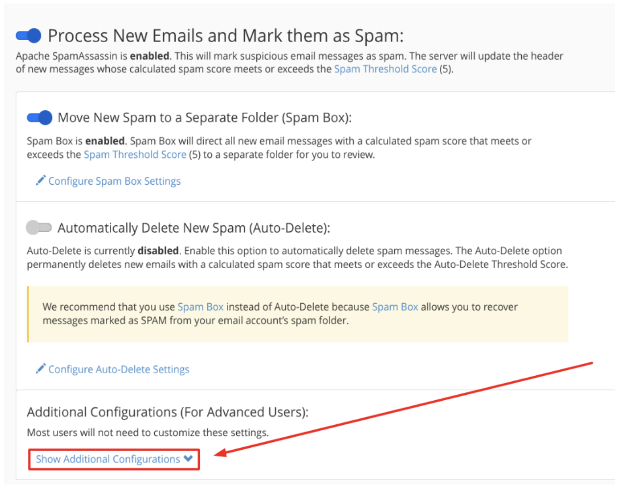 La page de configuration de la boîte anti-spam.