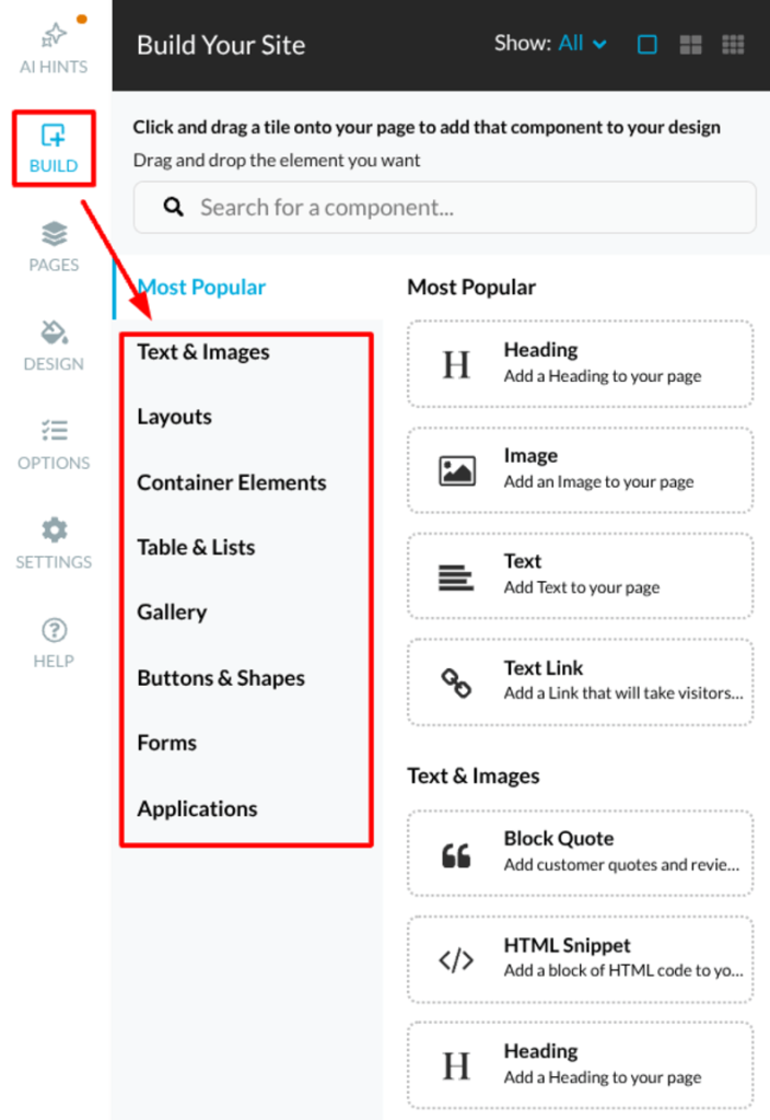 In the Build section, you can find all elements that can be placed on a page.