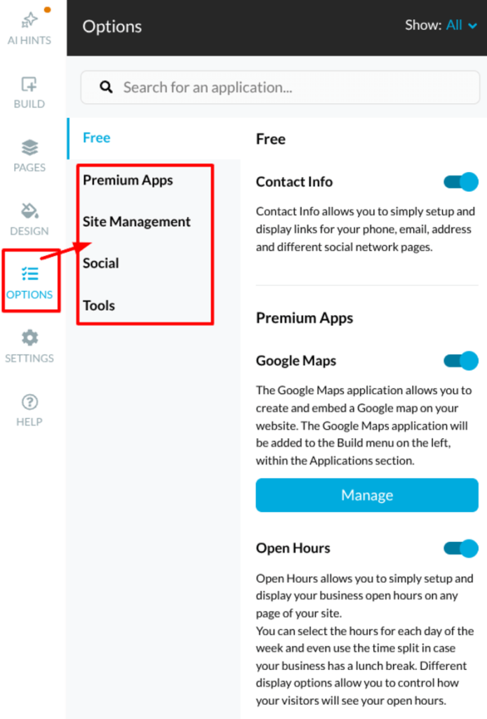 In the Options section, you can locate all applications and manage some of them.