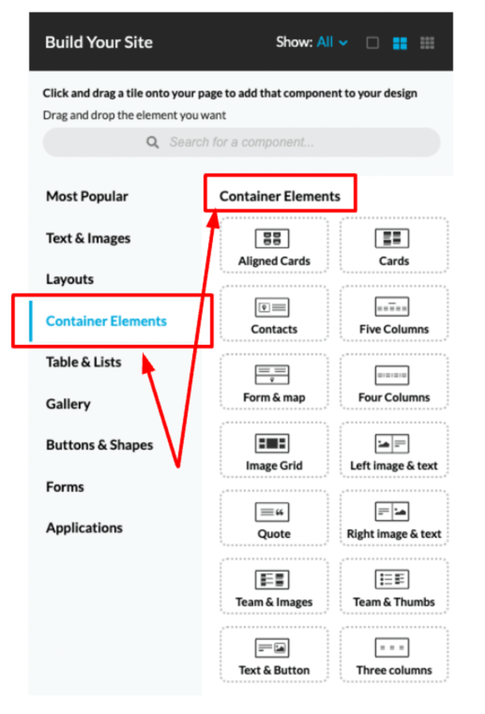 To add a Container Element to your page, please move your mouse over the desired preset.