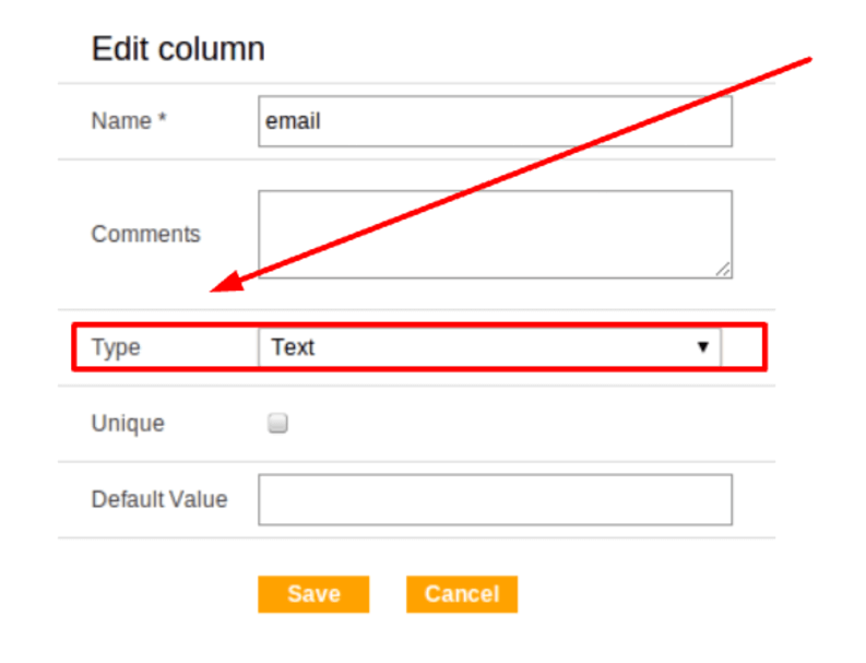 The column types match the type of text fields that are in a web form.