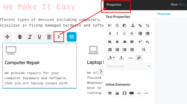 The Properties menu contains many more options.