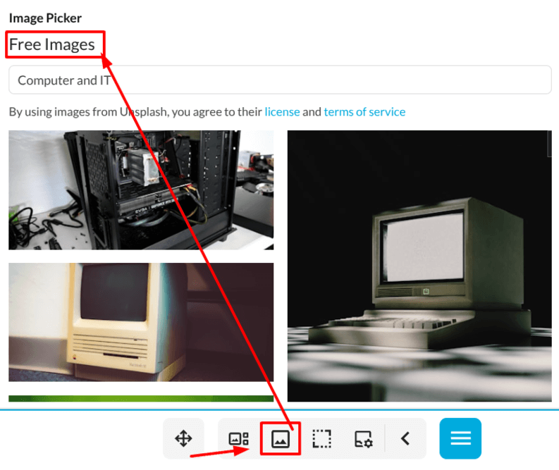 You can use our Free Images gallery via the Image Picker button.