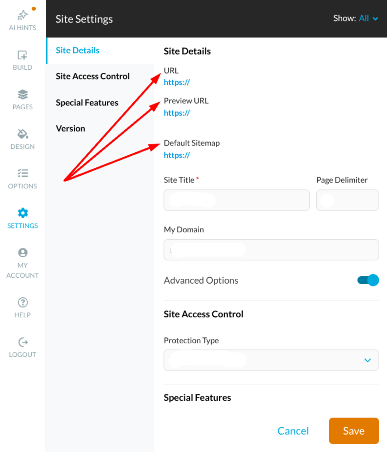 At the top of the Settings panel is URL, Preview URL, and Default Sitemap.