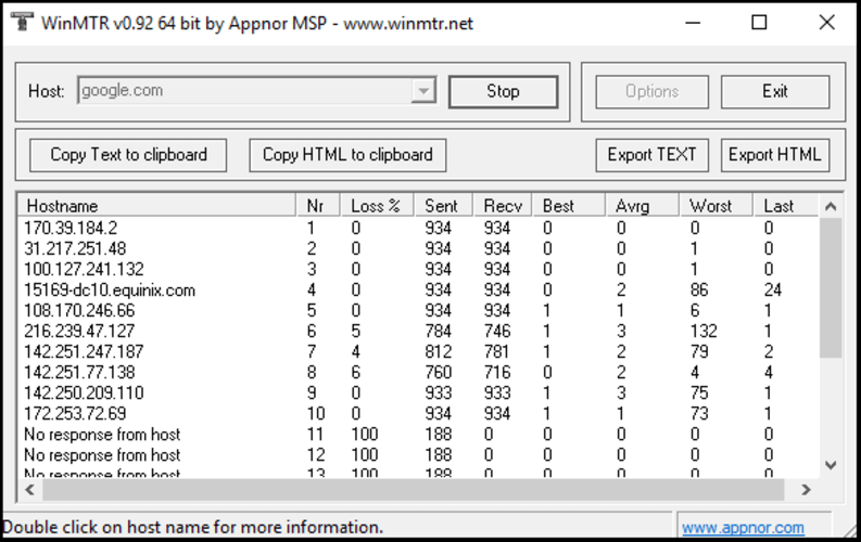 Open WinMTR: Navigate to the folder where you extracted WinMTR and double-click WinMTR.exe.