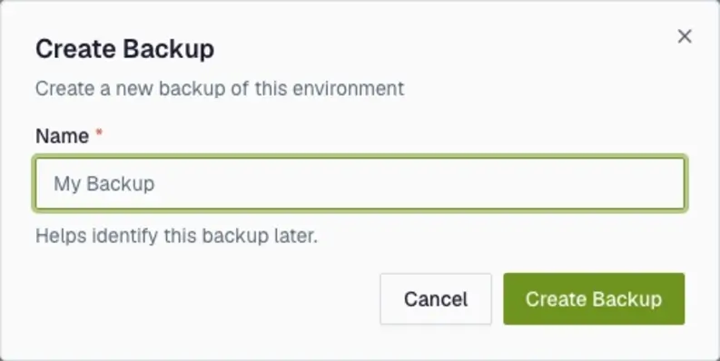 Give the backup a name (3 to 50 characters). For example, before-theme-change, and then confirm.