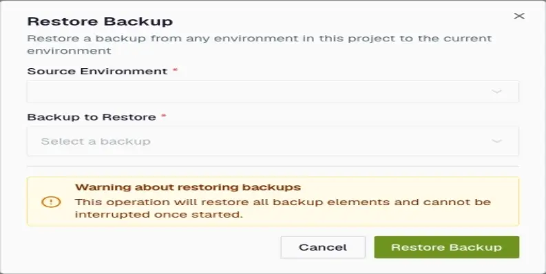 In the dialog, leave Source Environment set to the current environment, pick a Ready backup under Backup to Restore, and confirm.