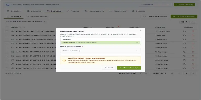 In the dialog, open Source Environment and choose the environment to copy from. For example, Staging.