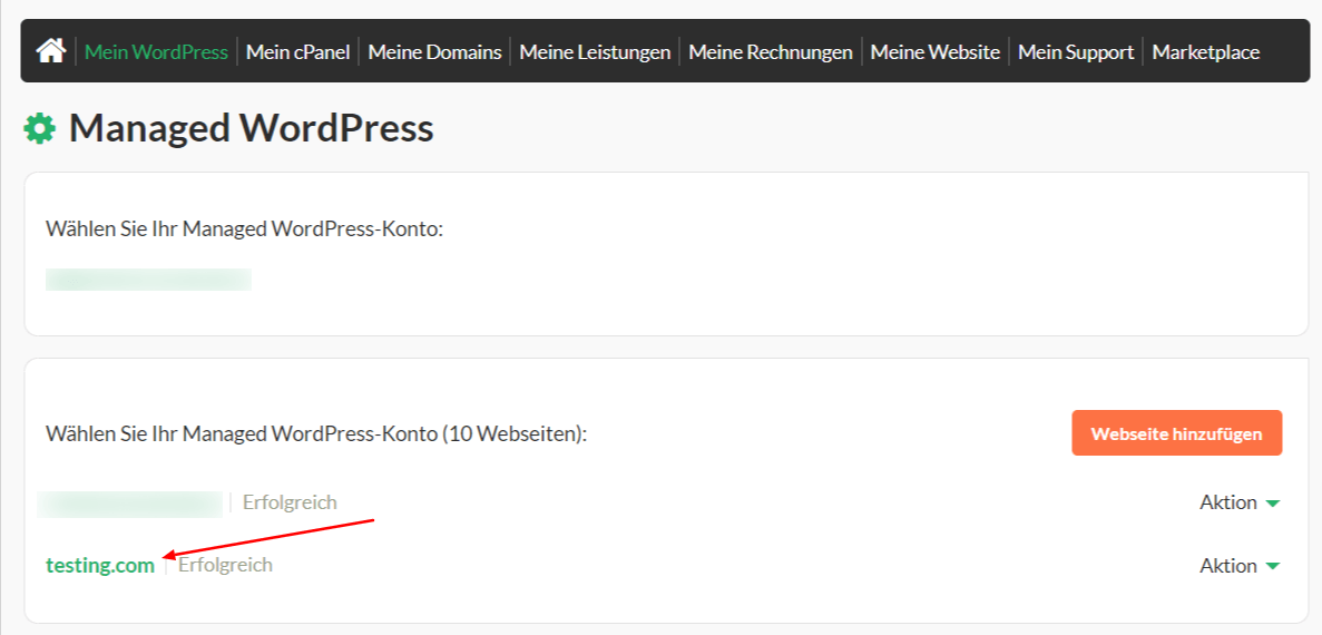 Wählen Sie die Website aus, die Sie verwalten wollen.