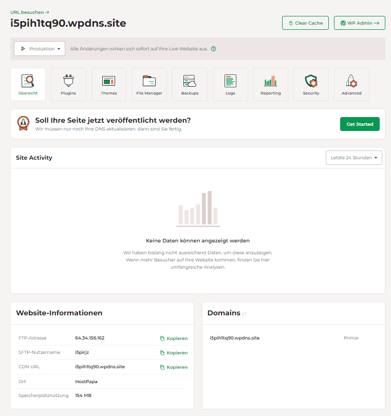 Das Managed WordPress-Controlpanel von HostPapa wird geöffnet.