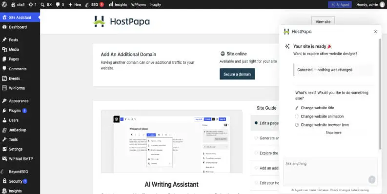 Located right inside your WordPress dashboard, the AI agent acts as your dedicated, intelligent website manager.