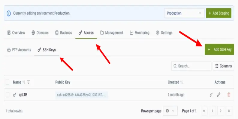 Gehe zum Tab Access und öffne den Untertab SSH Keys.